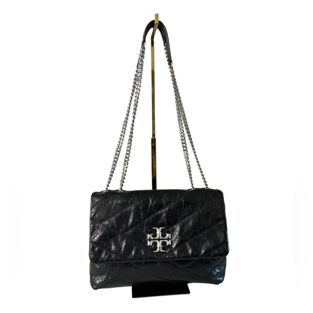 Tory Burch Kira Black Glazed Leather Crossbody Shoulder Bag Silver Hardware